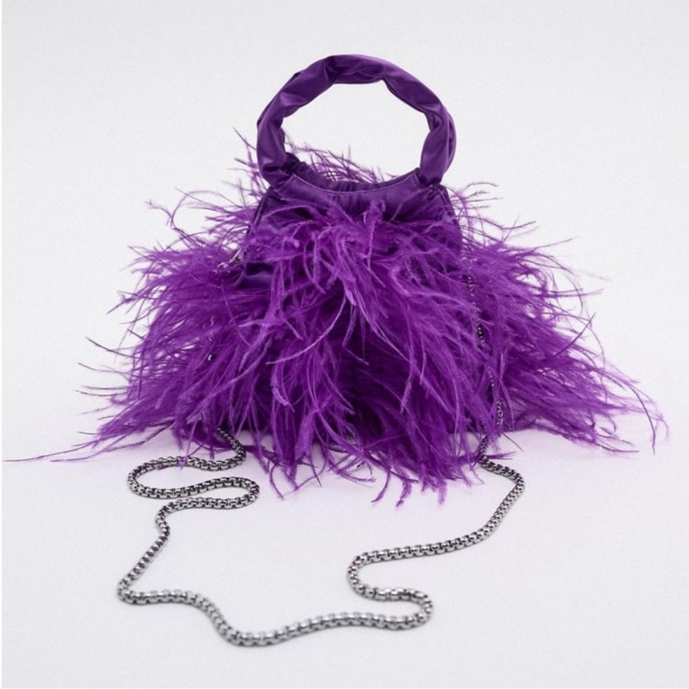 Zara Purple Feather Bucket Bag NWT